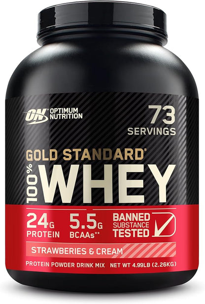 Optimum Nutrition Gold Standard 100% Whey Protein Powder, Strawberries & Cream, 5 Pound (Packaging May Vary)