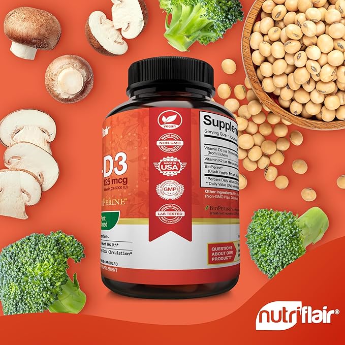 NutriFlair Vitamins D3 (5000iu/125mcg) + K2 (as Mk7) - Made with Plant-Based Ingredients Plus BioPerine Black Pepper Extract, 90 Capsules - Supports Healthy Immune, Heart and Health - Non-GMO Pills