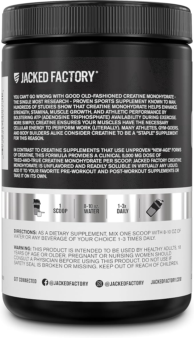 Jacked Factory Creatine Monohydrate Powder 250g - Creatine Supplement for Muscle Growth, Increased Strength, Enhanced Energy Output and Improved Athletic Performance 50 Servings, Unflavored