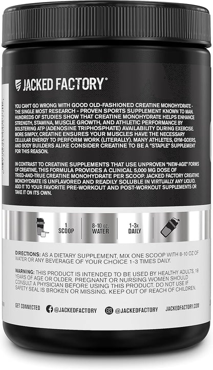 Jacked Factory Creatine Monohydrate Powder 250g - Creatine Supplement for Muscle Growth, Increased Strength, Enhanced Energy Output and Improved Athletic Performance 50 Servings, Unflavored