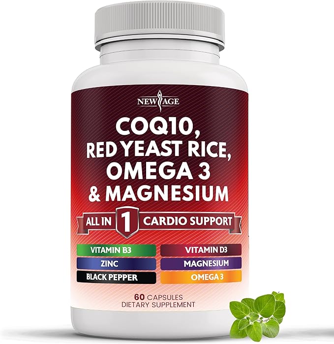 NEW AGE COQ10 200mg Red Yeast Rice 3000mg Omega 3-6-9 3000mg Magnesium Complex 500mg Zinc Vitamin K2 D3 - Heart Health Support Vitamins for Women and Men with Vitamin B3, Coenzyme Q10-60 Count