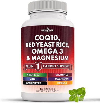 NEW AGE COQ10 200mg Red Yeast Rice 3000mg Omega 3-6-9 3000mg Magnesium Complex 500mg Zinc Vitamin K2 D3 - Heart Health Support Vitamins for Women and Men with Vitamin B3, Coenzyme Q10-60 Count