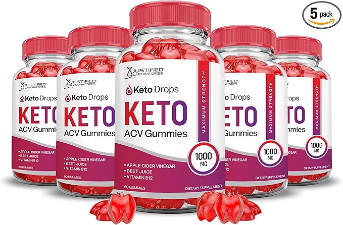 (5 Pack) Keto Drops Keto ACV Gummies Advanced Formula 1000MG Keto Drops Keto Gummies Apple Cider Vinegar Formulated with Pomegranate Beet Juice Powder B12 Vegan Non GMO 300 Gummys