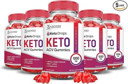 (5 Pack) Keto Drops Keto ACV Gummies Advanced Formula 1000MG Keto Drops Keto Gummies Apple Cider Vinegar Formulated with Pomegranate Beet Juice Powder B12 Vegan Non GMO 300 Gummys
