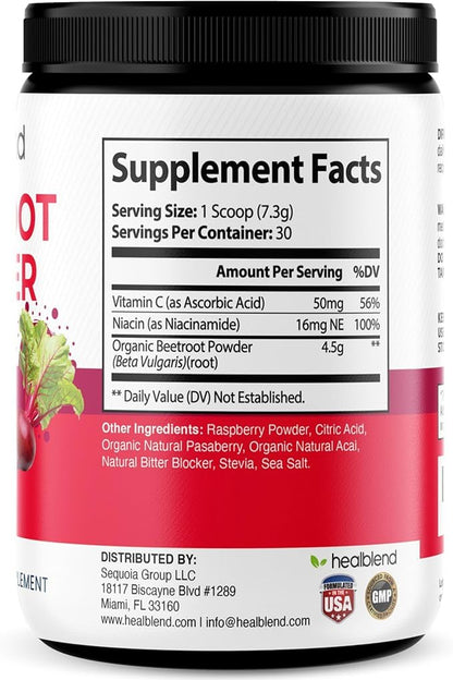 healblend Organic Beet Root Powder with Raspberry Powder, Organic Natural Acai, Vitamin C, Niacin, Berry Flavored, 30 Day Supply