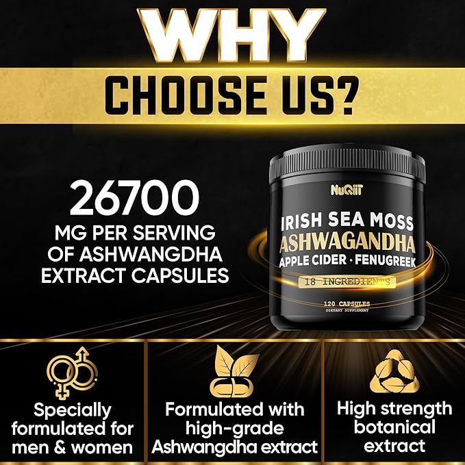 Organic Ashwangdha Capsules 15000mg Irish Sea Moss 3000mg Apple Cider Vinegar 3000mg & More - Support Brain Health, Strength & Immune System - 120 Vegan Capsules