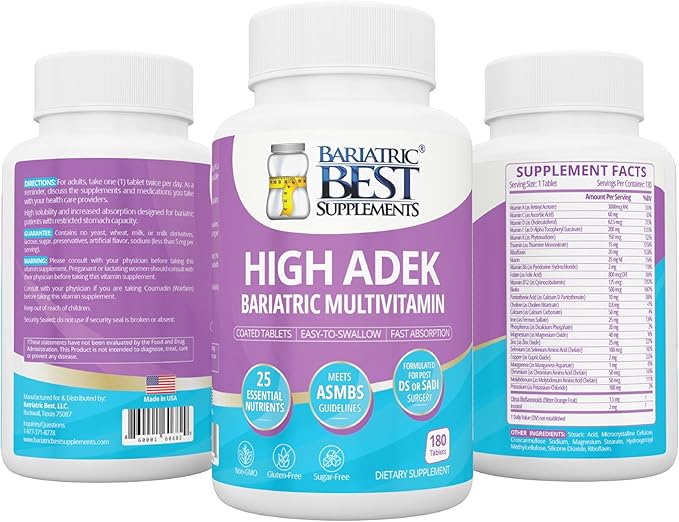 High A D E K Bariatric Multivitamin for Post DS/SADI Surgery, 25 Essential Nutrients for Post-Weight Loss Surgery, 180 Tablets, Meets ASMBS Guidelines for Bariatric Bypass