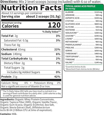 Garden of Life SPORT Whey Protein Powder Vanilla., Premium Grass Fed Whey Protein Isolate plus Probiotics for Immune System Health, 24g Protein, Non GMO, Gluten Free., Cold Processed - 20 Servings