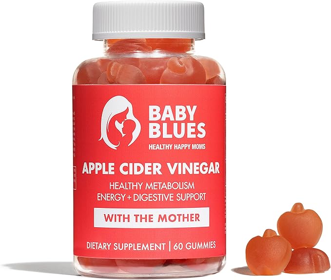 Baby Blues Apple Cider Vinegar Gummies - Vegan, Non-GMO & Gluten-Free, Postpartum Dietary Supplement with Both Vitamin B-6 & B12, 60 Pieces per Bottle