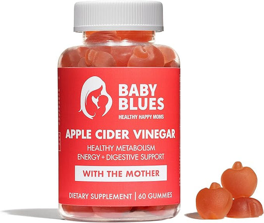 Baby Blues Apple Cider Vinegar Gummies - Vegan, Non-GMO & Gluten-Free, Postpartum Dietary Supplement with Both Vitamin B-6 & B12, 60 Pieces per Bottle