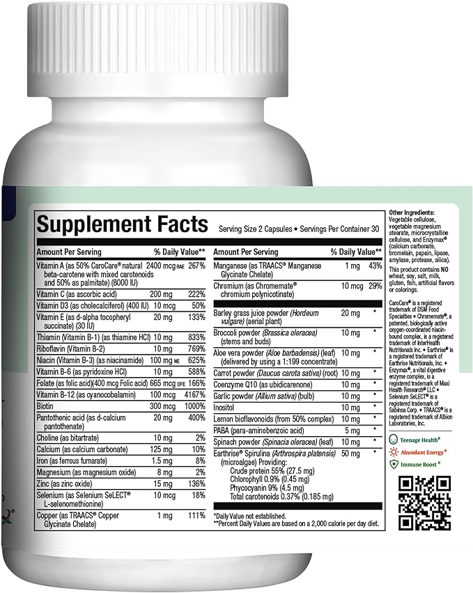 Maxi Health Teen Multivitamin for Girls 12-17 years, Natural Vitamins and Minerals Enhances Development and Immune Health, Best Kosher Supplement for Teenagers, 60 Count