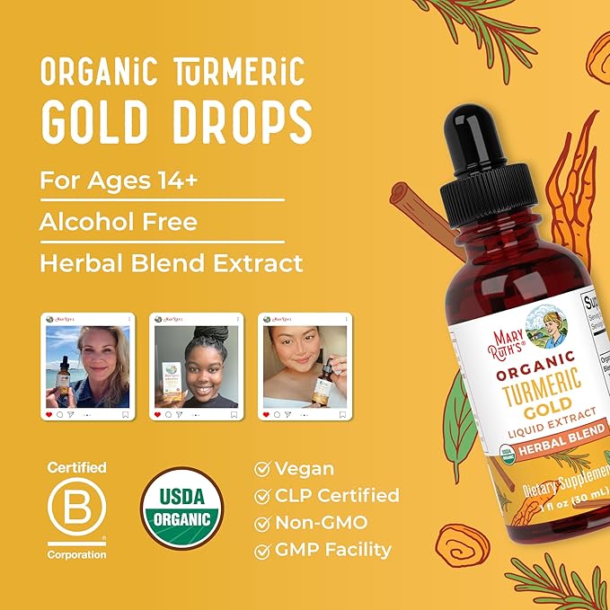 USDA Organic Turmeric Gold Liquid Drops by MaryRuth's | Herbal Blend | Turmeric Curcumin | Black Pepper | Cassia Cinnamon Bark | Ginger Root | Immune Support | Non-GMO Project Verified | Vegan | 1oz