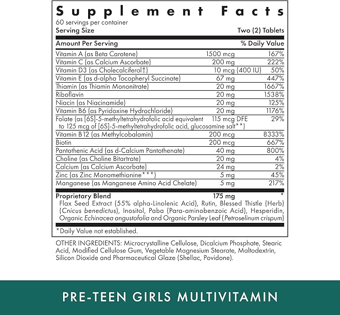 MICHAEL'S Health Naturopathic Programs Pre-Teen Girls - 120 Vegetarian Tablets - Daily Multivitamin for Healthy Growth & Development - Kosher - 60 Servings