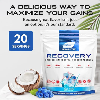 Granite Recovery for Intra & Post Workout |10g Aminos, Electrolytes, Cluster Dextrin for Muscle Recovery & Growth | Amino Acids Supplement with Sensoril | 20 Servings | Blue Crush Flavor