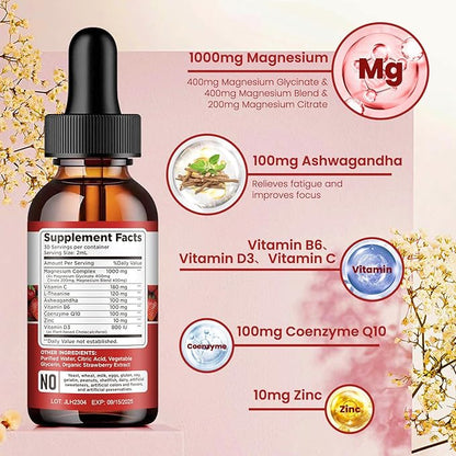 Triple Magnesium Complex Supplement, Magnesium Glycinate, Blend, Citrate Liquid Drops 1000mg with Ashwagandha, CoQ10, Vitamin B6, C, D, Zinc -Support Calm Stress Relief, Bone, Muscle, Mood 2 Pack