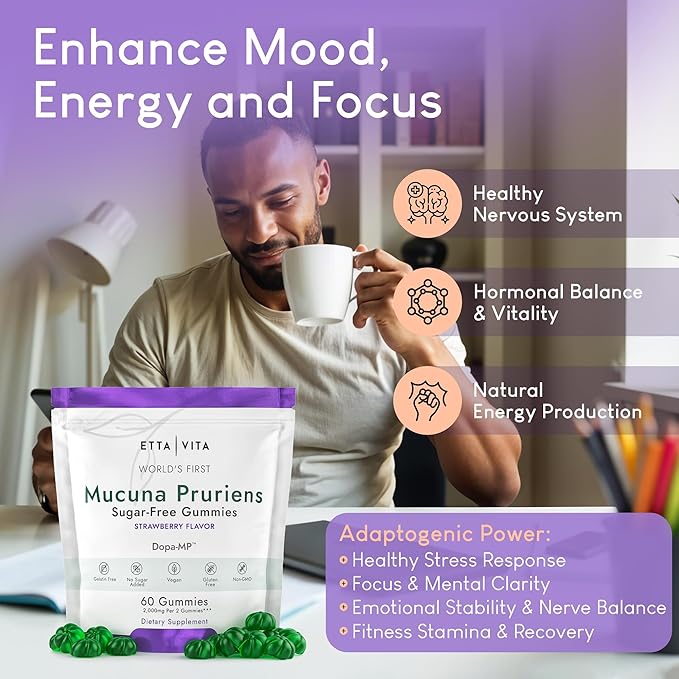 Dopamine Supplement - Sugar-Free Mucuna Pruriens Gummies (2g/serving) Energy & Focus Gummies - Potent Mucuna Pruriens Extract Supplement for Calm Mood and Motivation, Vegan, Non-GMO, Gluten-Free, 60ct