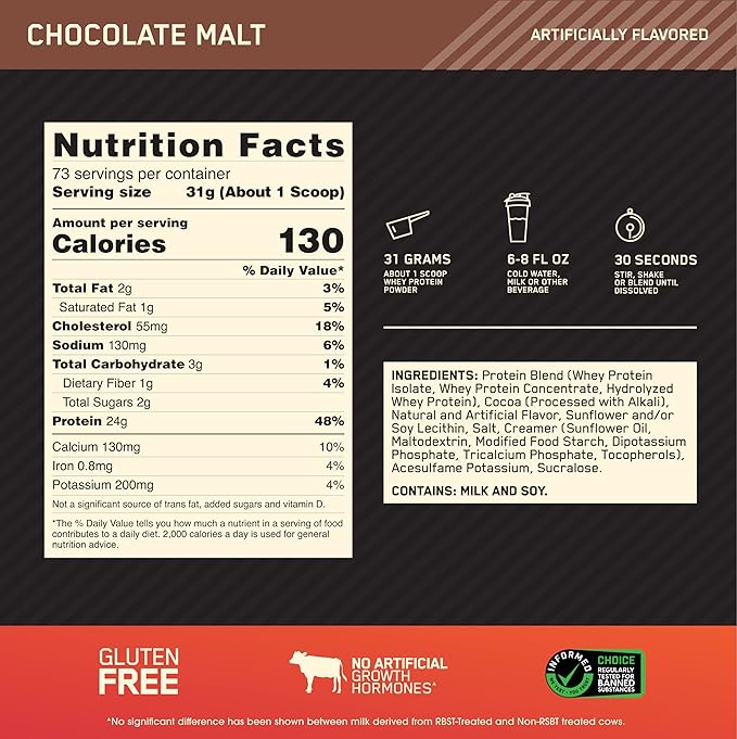 Optimum Nutrition Gold Standard 100% Whey Protein Powder, Chocolate Malt, 5 Pound (Packaging May Vary)