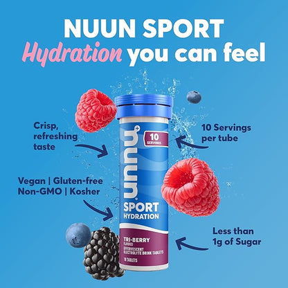 Nuun Sport Electrolyte Tablets - Dissolvable in Water, Tri Berry, 5 Essential Electrolytes for Hydration, 1g Sugar Drink Mix, Vegan, Non-GMO, 4 Pack (40 Total Servings)