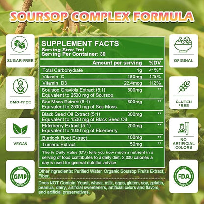 Soursop Bitters Liquid Drops with Irish Sea Moss, Black Seed oil, Soursop Graviola Leaves Extract - Soursop Multivitamin Complex Supports Antioxidant, Slowing Cell-Aging, Gut Cleanse, Detox & Immunity