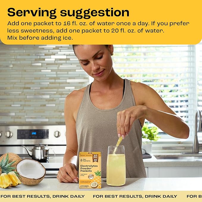 KEY NUTRIENTS Electrolytes Powder Packets - Tropical Pineapple Coconut 40 Pack Hydration Packets - Travel Hydration Powder - No Sugar, No Calories, Gluten Free Keto Electrolytes Powder - Made in USA