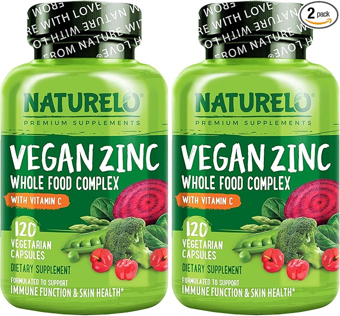 NATURELO Vegan Zinc Immune Support Capsules - Whole Food Complex with Vitamin C for Healthy Skin, Hair, and Nails - 120 Capsules (2 Pack)