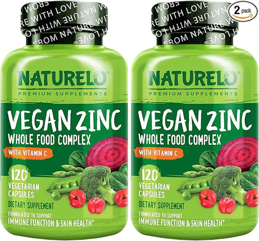 NATURELO Vegan Zinc Immune Support Capsules - Whole Food Complex with Vitamin C for Healthy Skin, Hair, and Nails - 120 Capsules (2 Pack)
