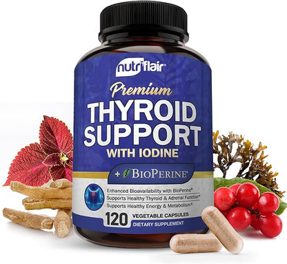 NutriFlair Thyroid Support Complex, 120 Capsules - with Iodine, Black Pepper, Ashwagandha, Vitamin B12 - Thyroid Supplement for Women and Men