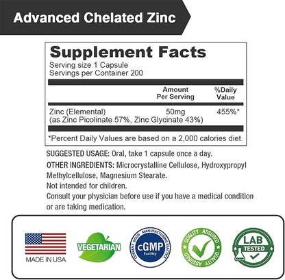 Lovita Zinc 50mg | Potent Highly-Absorbed Chelated Zinc Supplements, Picolinate & Bisglycinate | Vegan, Gluten Free, Non-GMO | for Immune, Antioxidant Support & Healthy Skin | 200 Capsules