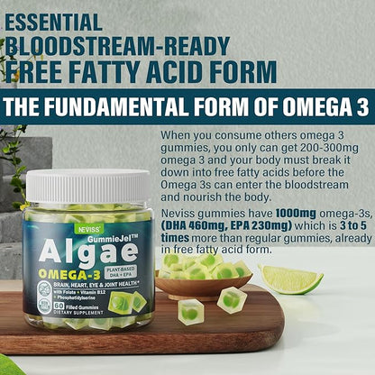 Vegan Omega 3 Gummies 1000mg w/MethylFolate, Vitamin B12, Plant Based DHA 460mg & EPA 230mg for Brain, Joint, Eye & Immunity, Sugar Free Fish Oil Omega 3 Supplements Alternative for Adults, 120 Cts