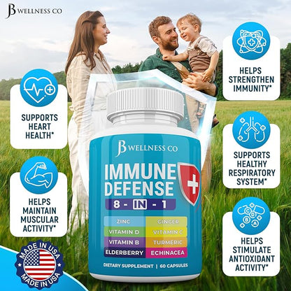 Immune Support 8 in 1 Capsules - Zinc Supplement, Vitamin D3 5000 IU, Vitamin C 1000MG and Elderberry - Immune Booster Supplement with Echinacea, Ginger Root, and Turmeric
