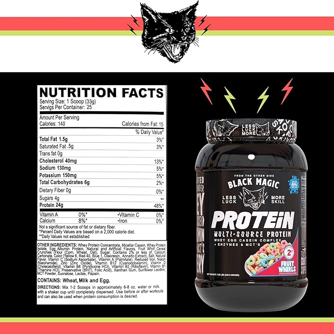 Worldwide Nutrition Black Magic Multi-Source Protein Powder - Whey, Egg Albumin Enzymes, Micellar Casein & MCTs - Muscle Mass Gaining - Fruit Whirls Flavor - 2 LB with Bonus Multi Purpose Key Chain