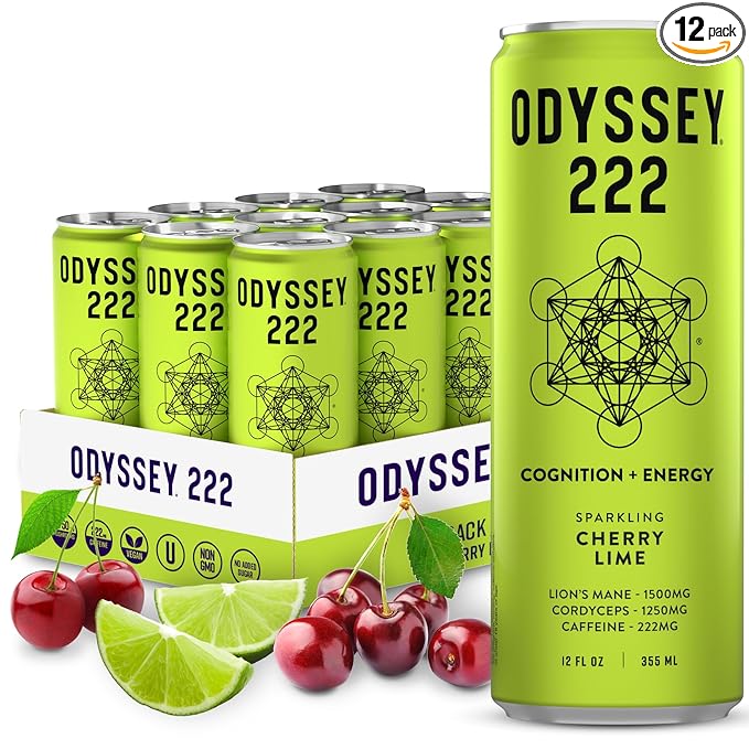 Odyssey 222 Energy Drink, Pre Workout, 222mg Caffeine, Clean Energy Drinks, L Theanine, Lions Mane, Cordyceps & Green Tea for Energy, Focus & Mood Boost, Low Calorie, Cherry Lime, 12 Fl oz, 12 Pack