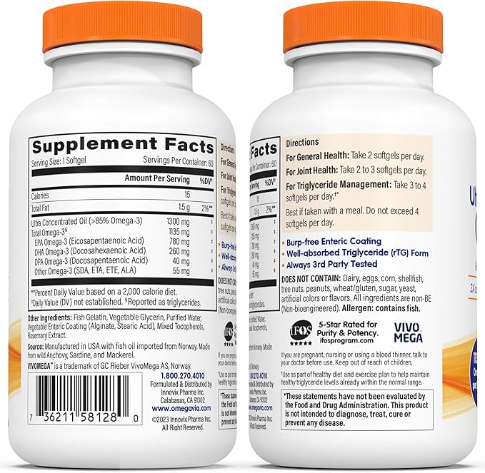 OmegaVia Ultra Concentrated Omega 3 Fish Oil Burpless, 60 Softgels, Triple Strength Omega 3 Fish Oil Supplements, 1135 mg Pure Omega3, No Fishy Burps, High EPA DHA DPA, IFOS 5-Star