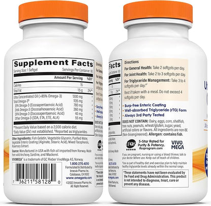 OmegaVia Ultra Concentrated Omega 3 Fish Oil Burpless, 60 Softgels, Triple Strength Omega 3 Fish Oil Supplements, 1135 mg Pure Omega3, No Fishy Burps, High EPA DHA DPA, IFOS 5-Star