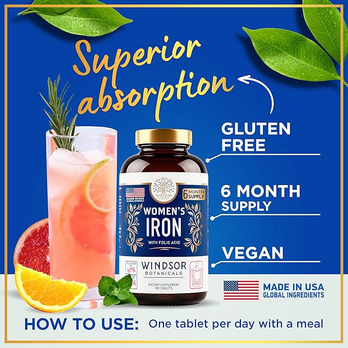 Iron Supplement for Women with Folic Acid - 35mg Gentle Iron, 667mcg Folate Vitamin B9 - Anemia, Period, Pregnancy Support Prenatal Iron Supplements Ferrous Sulfate Pills - 180 Vegan Iron Tablets