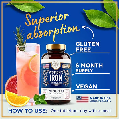 Iron Supplement for Women with Folic Acid - 35mg Gentle Iron, 667mcg Folate Vitamin B9 - Anemia, Period, Pregnancy Support Prenatal Iron Supplements Ferrous Sulfate Pills - 180 Vegan Iron Tablets