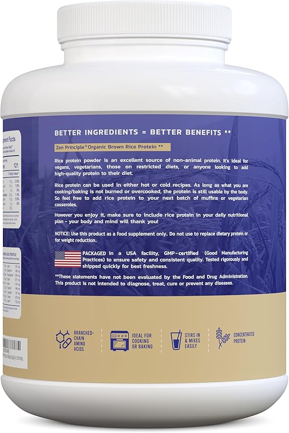 Zen Principle Organic Brown Rice Protein 6 LB. USDA Certified Organic. Unflavored. Non-GMO. Vegan.