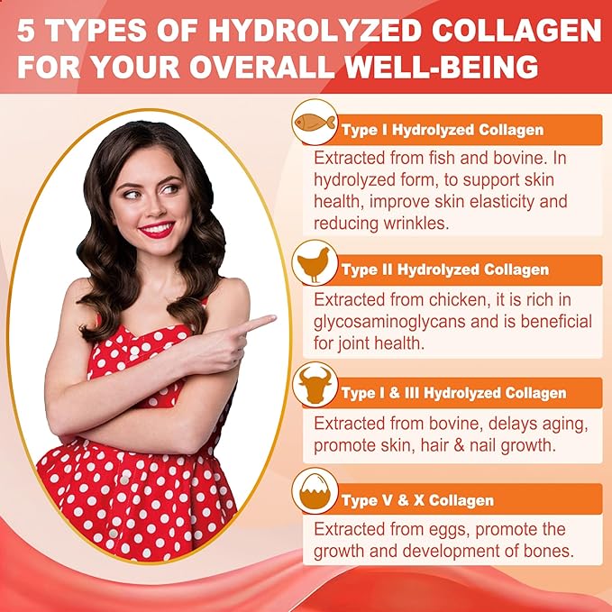 Sugar Free Hydrolyzed Collagen Peptides Gummies for Women, Multi Hydrolyzed Collagen Type I II III V X Supplement w/Keratin Calcium Magnesium for Hair, Skin & Nails, Healthy Joints, Anti-Aging, 60cts