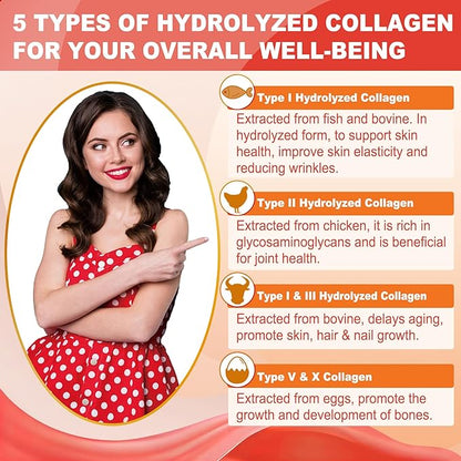 Sugar Free Hydrolyzed Collagen Peptides Gummies for Women, Multi Hydrolyzed Collagen Type I II III V X Supplement w/Keratin Calcium Magnesium for Hair, Skin & Nails, Healthy Joints, Anti-Aging, 60cts