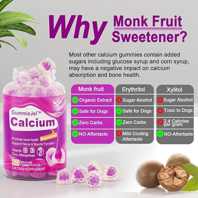 Sugar-Free Calcium Citrate Gummies 1000mg w/Vitamin D3 K2, Magnesium, Zinc, Boron, Manganese, Copper for Bone, Muscle & Immune, Ultimate Absorption Calcium Supplement for Women & Men - Vegan, 60 Count