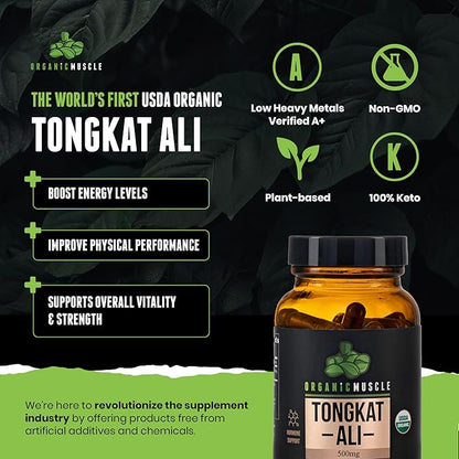 Organic Muscle Tongkat Ali for Men, 500mg - Pure & Potent USDA Eurycoma Longifolia Root Supplement 60 Count – Wild Grown Men's Health Hormone Support for Male Performance, Drive & Energizer