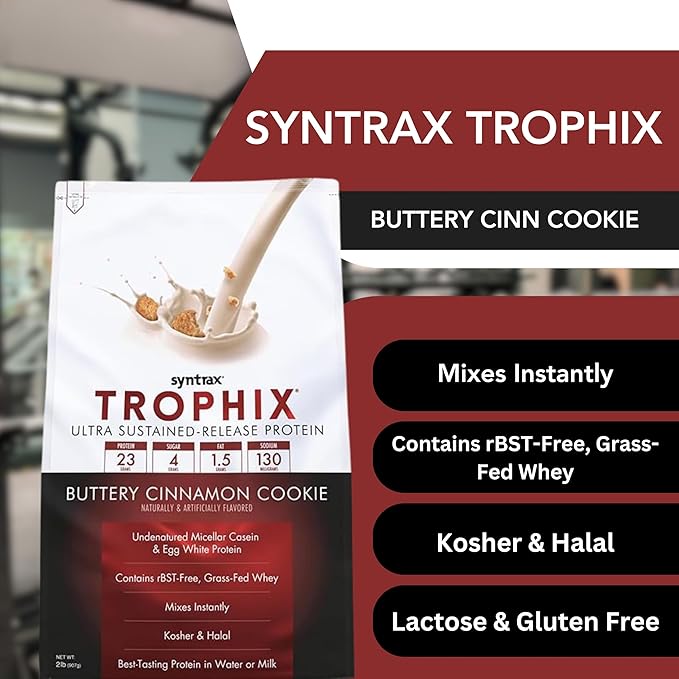 Syntrax Bundle: Trophix Undenatured Casein Protein Buttery Cinnamon Cookie - Instant Mix Whey Protein & Egg White Protein Powder - 2lbs High Protein Powder and Worldwide Nutrition Keychain