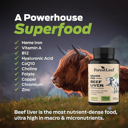 ForestLeaf Grass Fed Beef Liver Capsules, 3000mg Per Serving, Supports Full Immunity & Body Wellnes, Cleansing, Digestion, Natural Iron, Vitamin A and B12, Freeze Dried Beef Liver Supplement, 180 Caps