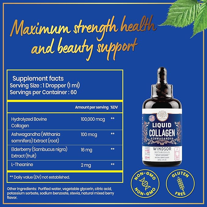 Liquid Collagen for Women with Ashwagandha, Elderberry, L-Theanine - High Absorption 100,000 mcg Hydrolyzed Collagen Peptides Liquid - Collagen Drops Hair, Skin, Nails and Nails Support – 60 Servings