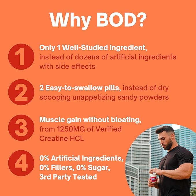 BOD Creatine Capsules HCL Pills for Muscle Support, Endurance, No Bloat, No Load, Monohydrate Micronized Alternative, Unflavored Creatine for Women and Men, Vegan, Keto, 150 Capsules, 75 Servings