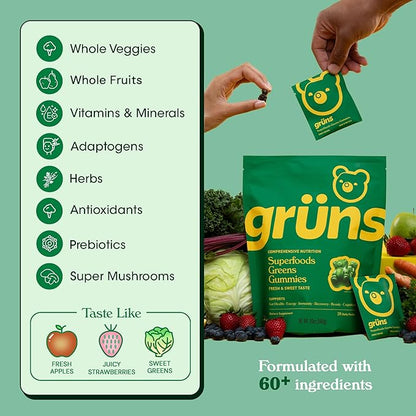 Gruns Adults Super Greens Gummies, Superfood Gummy Bears with Spirulina, Chlorella & Prebiotics for Digestive Health - Adaptogens Supplement with 20 Vitamins & Minerals, Low Sugar- 1 Month Supply