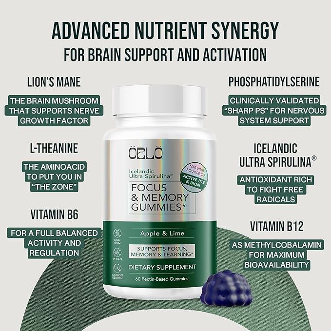Orlo Focus & Memory Gummies – Nootropic Supplement for Adults with Lion’s Mane, L-Theanine, Phosphatidylserine, Spirulina, Vitamin B6 & B12 Methylcobalamin (60 Gummies)