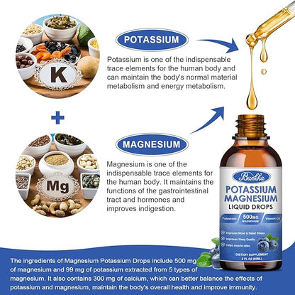 Potassium Magnesium Liquid Drops Supplement with Potassium 99mg, Magnesium 500mg,Calcium, Vitamin D3, Zinc, for Leg Cramps, Energy, Metabolism, for Adult and Kid,Sugar Free