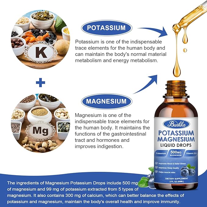 Potassium Magnesium Liquid Drops Supplement with Potassium 99mg, Magnesium 500mg,Calcium, Vitamin D3, Zinc, for Leg Cramps, Energy, Metabolism, for Adult and Kid,Sugar Free