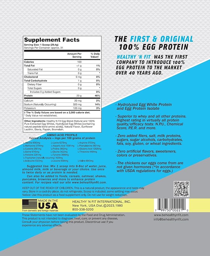 Healthy N Fit 100% EGG PROTEIN- Banana (2lb): 100% Egg White Protein PLUS Natural Peptides. Naturally Sweetened, Keto, Paleo Friendly